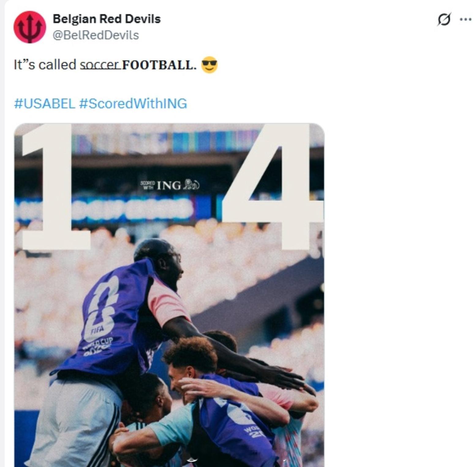 比利时官方嘲讽美国 “Its called soccer FOOTBALL”官推
