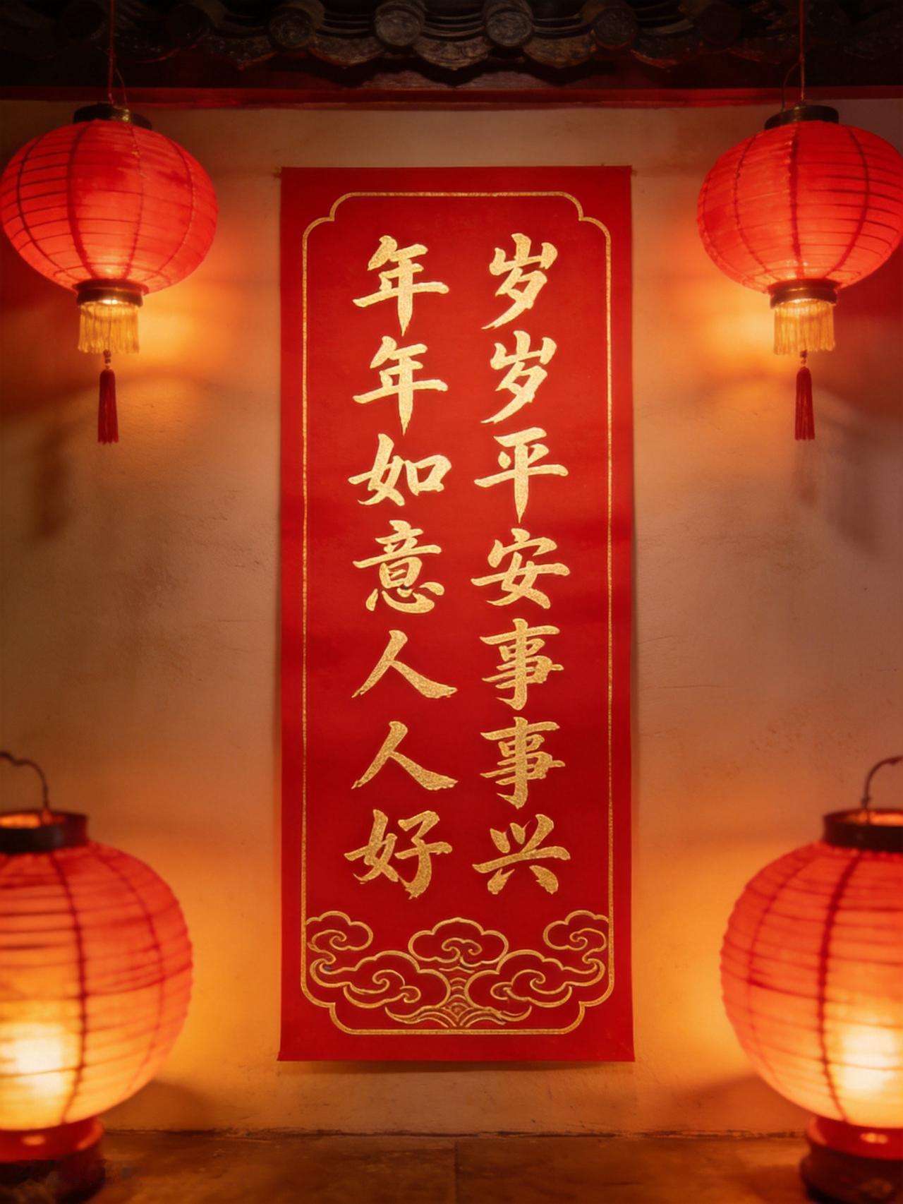 下联：岁岁平安事事兴
上联：年年如意人人好
注释解析
  1. 对仗逻辑
上联以