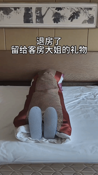 宾馆的保洁阿姨过来打扫房间卫生。
结果刚进卧室就被摆在床上这一幕吓了一大跳！
有