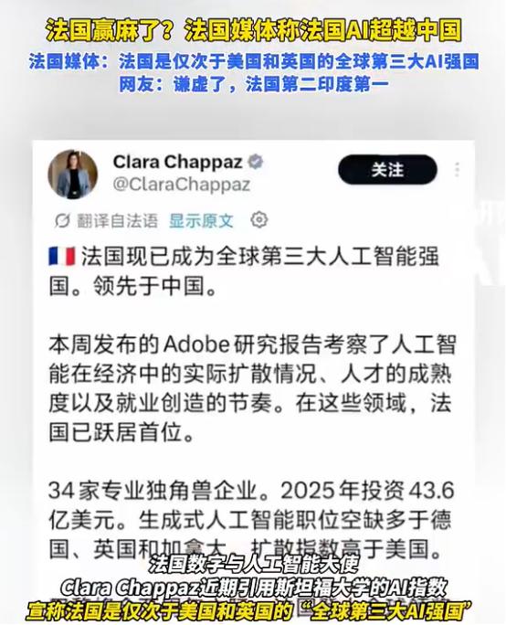 巴黎媒体一声高呼：“法国AI全球第三，超过中国！”2026年的暑假，被一份AI榜