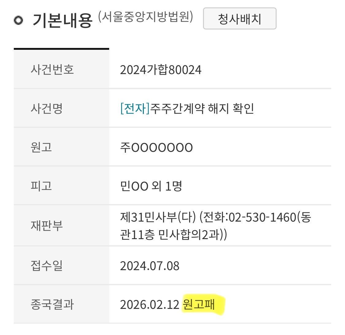 2026.02.12 原告败hybe（原告）VS 闵熙珍（被告） 