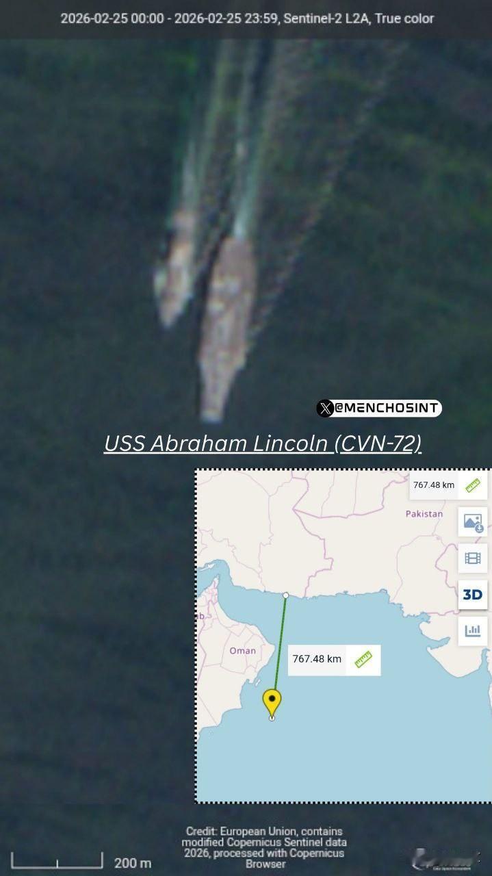 美国林肯号航母位置更新

根据 Sentinel-2 卫星图像显示，截至 202