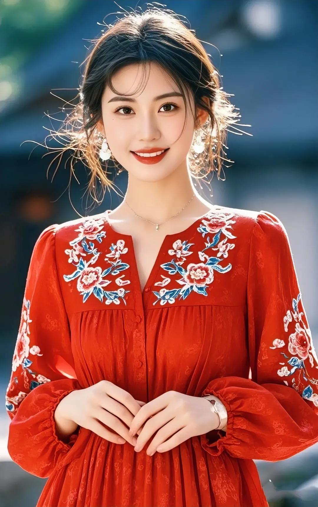 红衣美人立，笑靥如花繁。姿娇容艳笑容甜 清纯一笑薄红颜 一身红装喜佳人