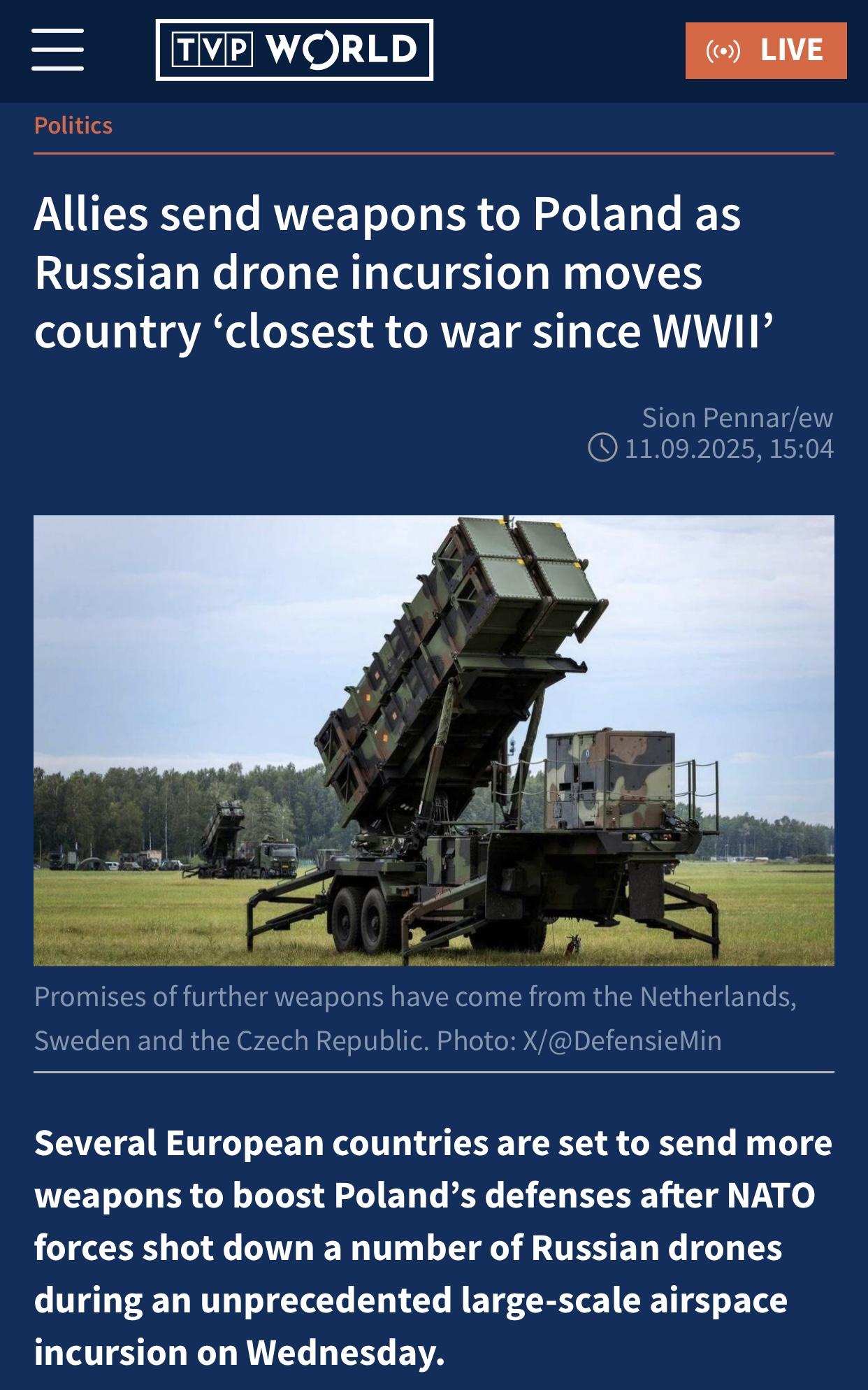 波媒：多个北约成员国向波兰提供防空系统或派兵进驻波兰

波兰电视台世界频道(TV
