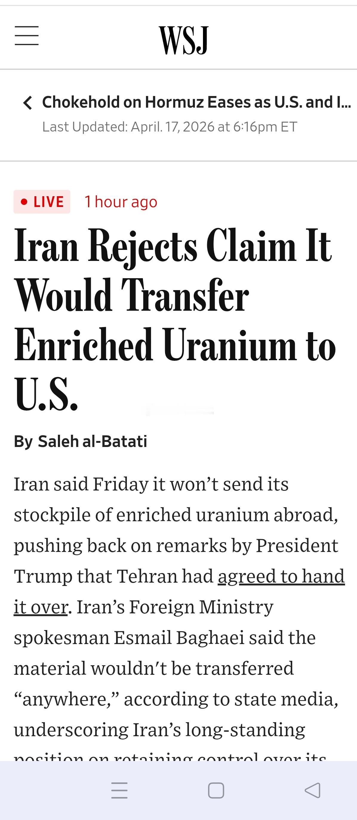 霍尔木兹海峡开放WSJ报道，伊朗周五表示，不会将铀浓缩库存运往国外，反驳特朗普关