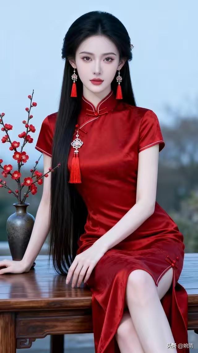 清江引·旗裳梅影
红罗旗裳妆丽质，
雨霁眉如漆。
花颜动穗摇，
案上梅映膝。
弹