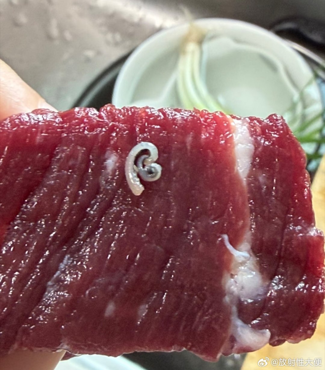 牛肉上粘的这个是啥啊，切肉看到的，不敢吃了 