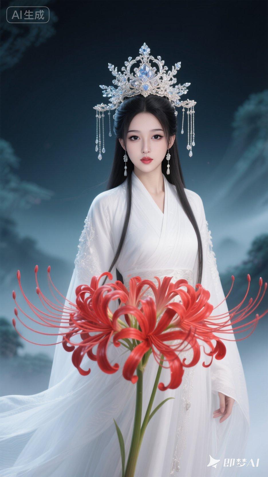 红色彼岸花曼陀沙华，纯白色服装设计，立体的彼岸花盛开，五官立体精致，谪仙清冷，温