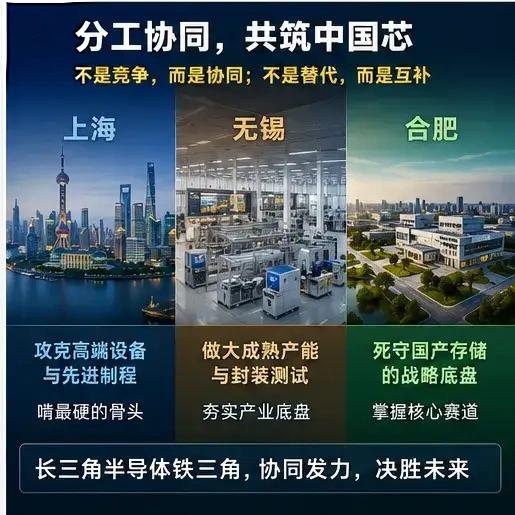中国芯片长三角最强，上海、无锡、合肥产业链最强。上海主攻高端设备和芯片制造，有国