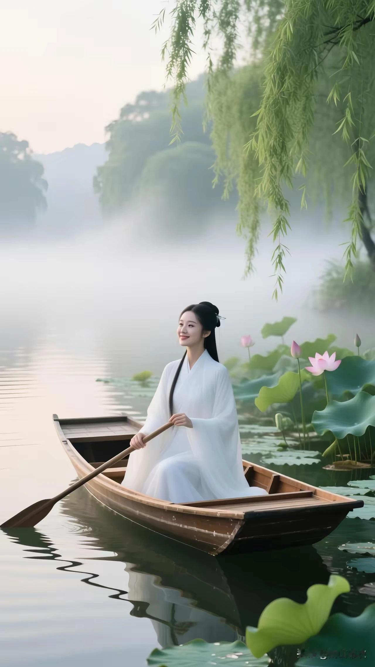 七绝•晨烟
 白纱漫笼一江天，
隐隐渔歌惊晓眠。
短棹撑开云水梦，
出水芙蓉在眼