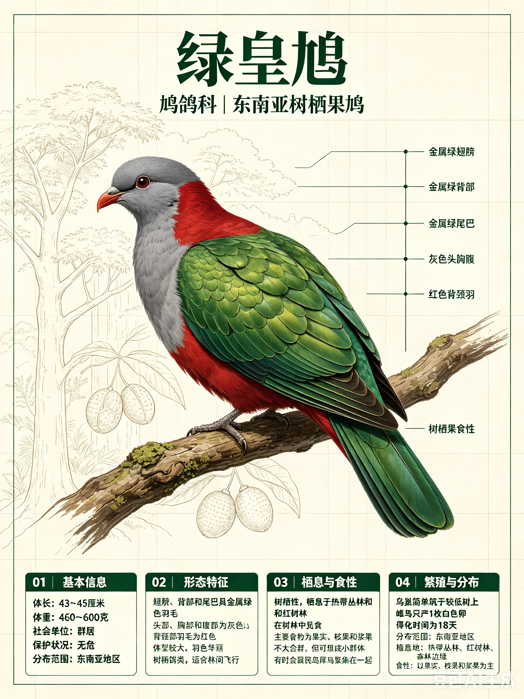 鸟类朋友图鉴 绿皇鸠体长：43~45 厘米体重：460~600 克社会单位：群居