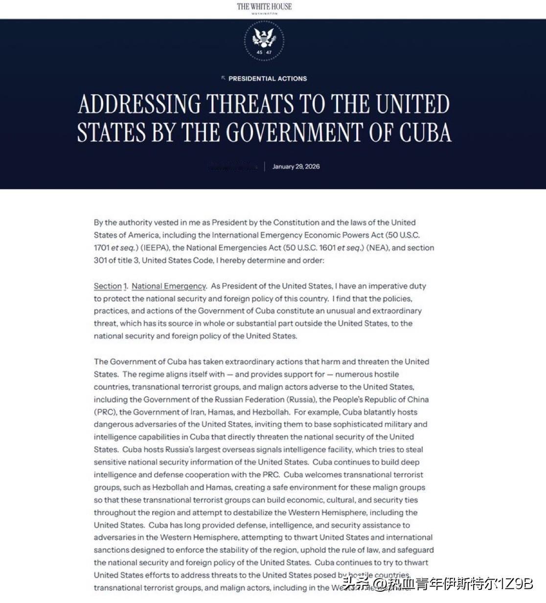 最新消息——特朗普签署行政命令，宣布古巴局势进入“国家紧急状态”，并将对向古巴供