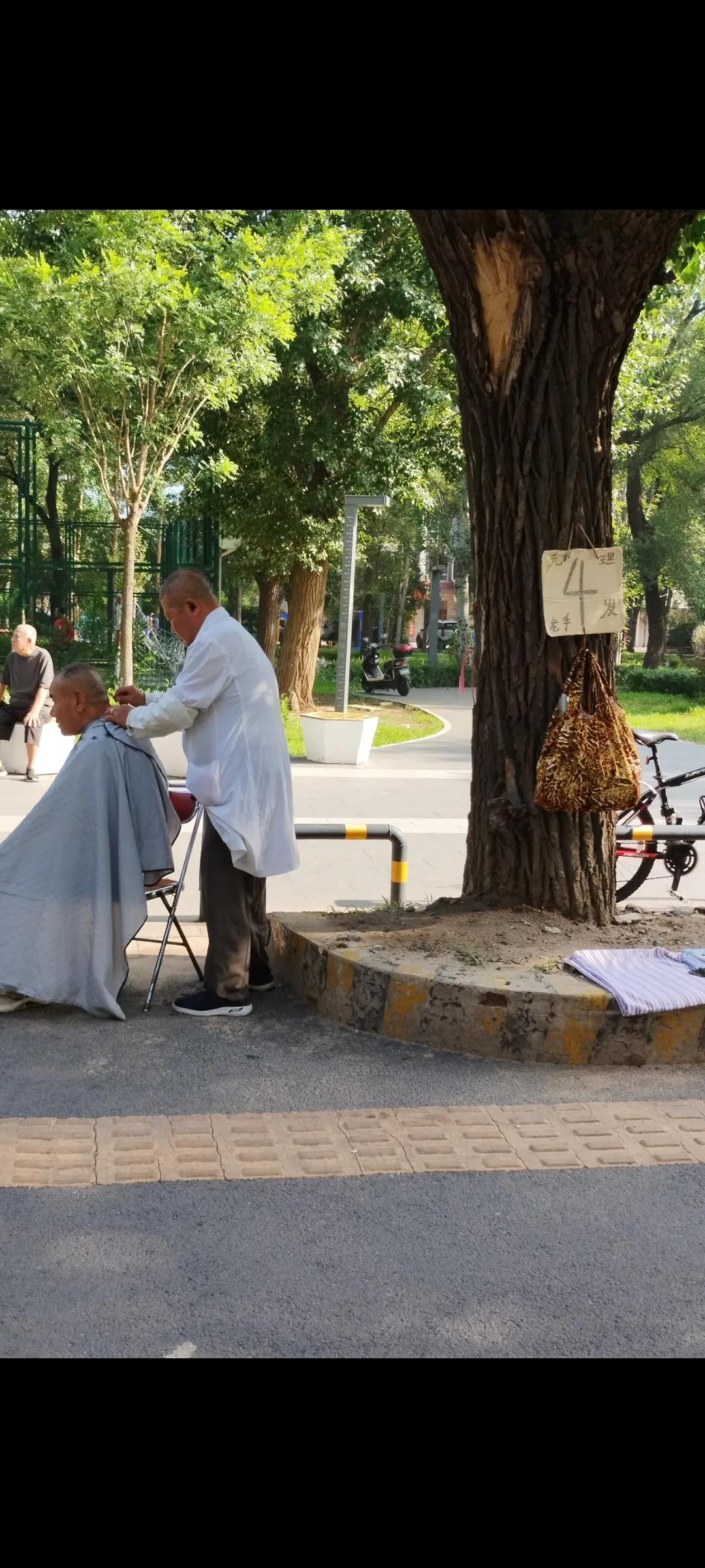看看我理发只花了4元钱。

赶早市途中小树林里有理发的。

看见第1个理发的，5