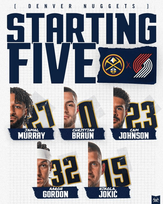 掘金战开拓者首发：默里、布劳恩、约翰逊、戈登、约基奇