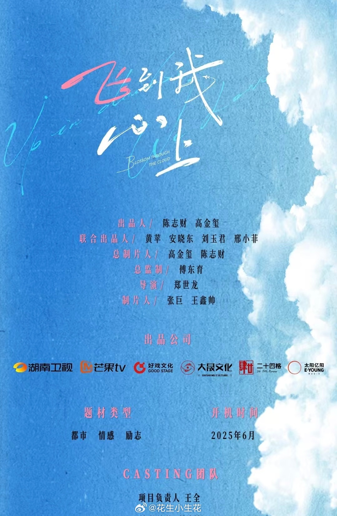 电视剧《飞到我心上》组讯主演：魏哲鸣、刘些宁出品：湖南卫视、芒果tv总监制：傅东