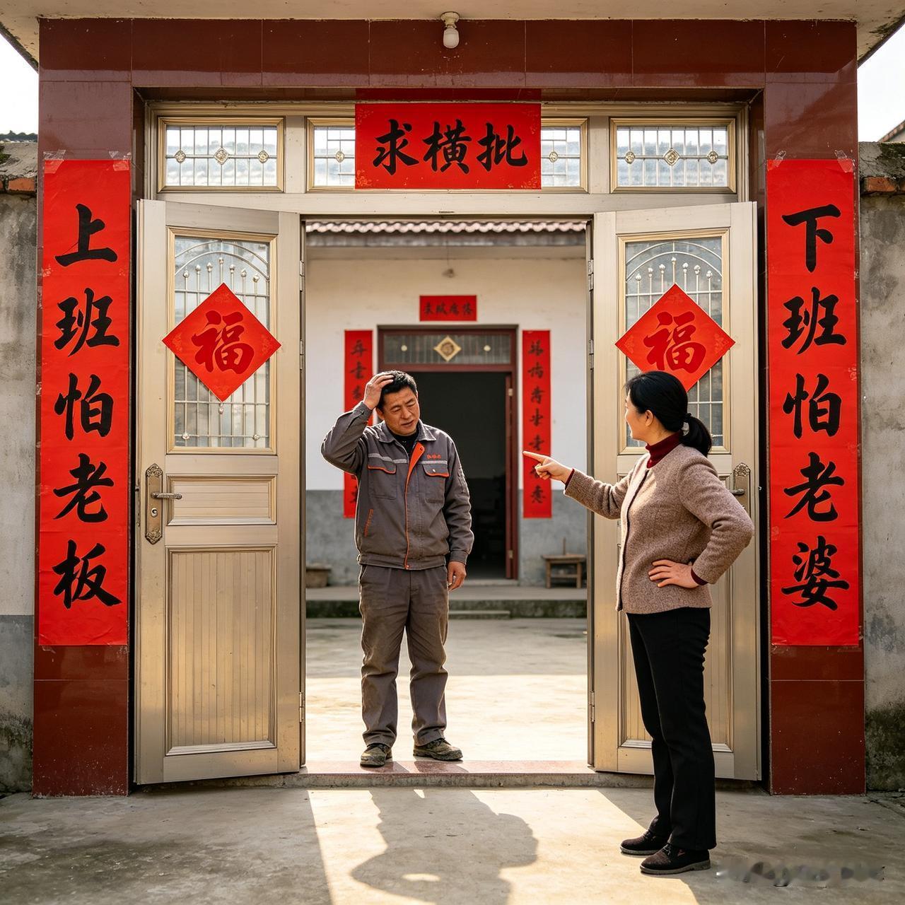 这副对联藏着生活里的小幽默——上班时对老板的敬畏，下班后对老婆的在意，把寻常日子