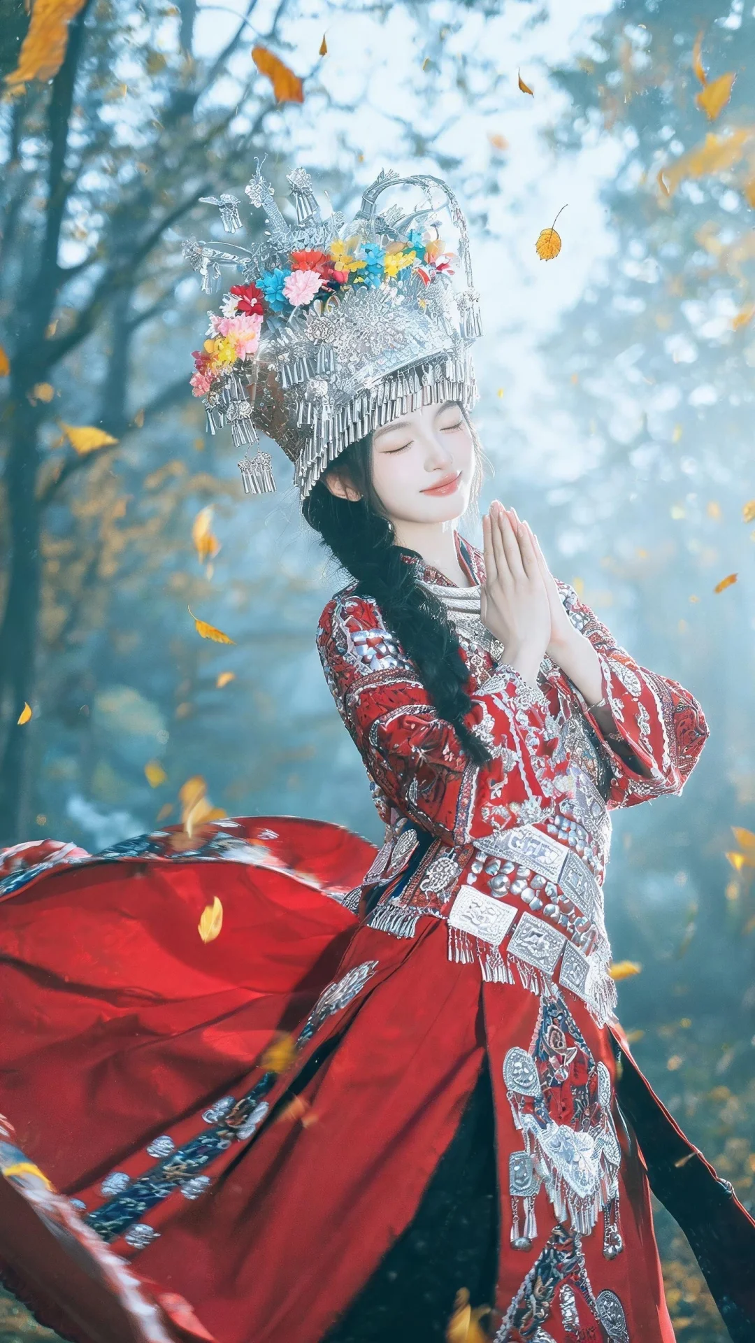 苗族服饰，唯美服装和发饰，20岁中国古典美女摆poss，高清，冷白皮水...