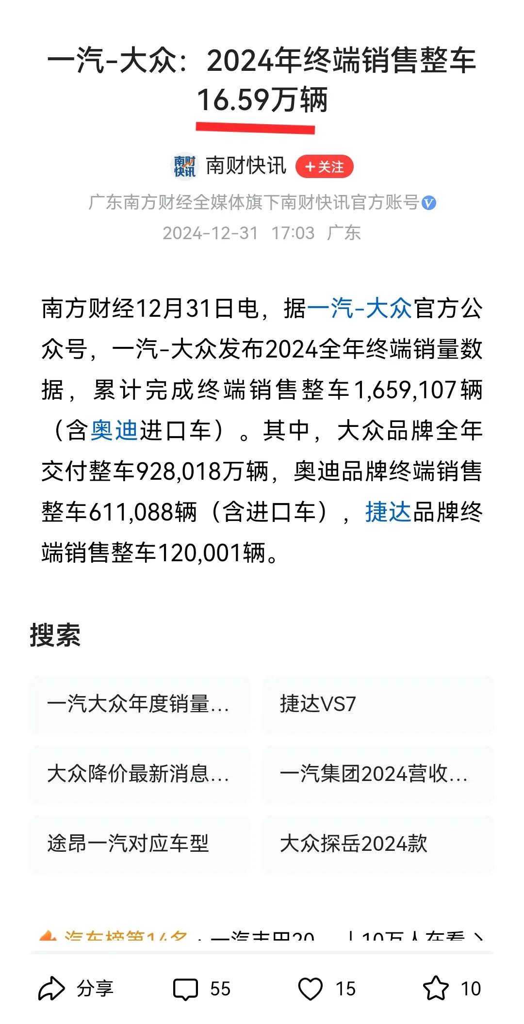 一汽-大众2024年终端销售整车16.59万辆？离了大谱！

近日，今日头条蓝V