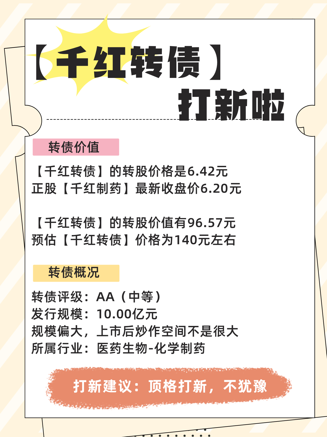 10月27日【千红转债】打新啦转股价格：6.42元正股：千红制药正股最新收盘价：
