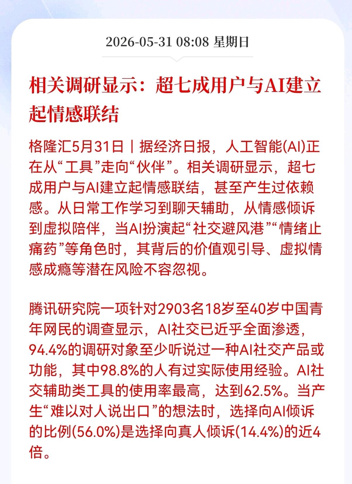 这则新闻，不知对Al赛道是利好还是利空？相关调研显示：超七成用户与AI建立起情感