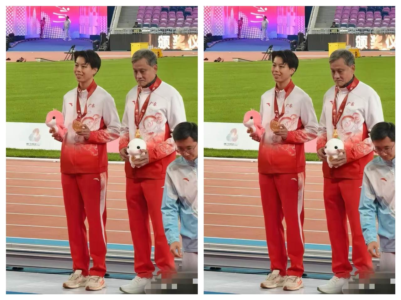 在颁奖典礼上，网友拍到的刘景扬跟她教练的合影，
​一个小细节，牢牢的证明了她是寒