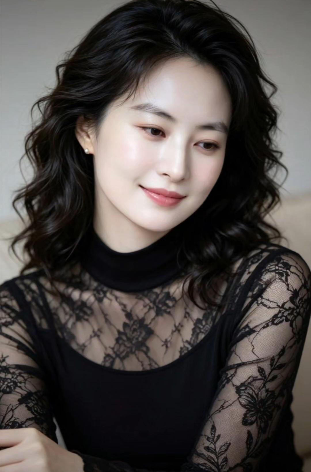 这位女士穿着黑色的蕾丝衣服，微笑着看向镜头。