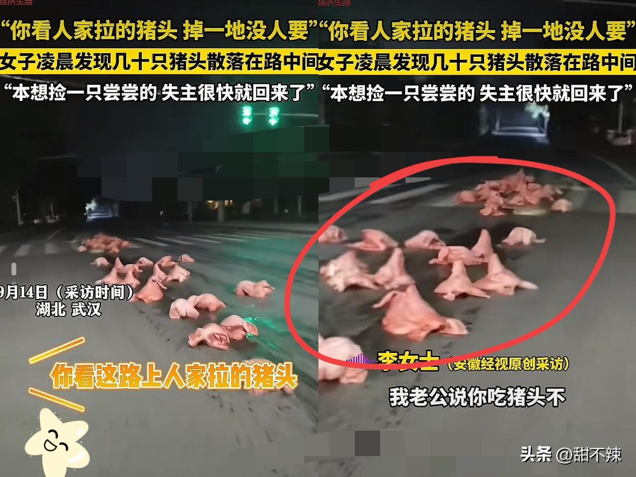 “这真是鸿运当头了啊！”湖北武汉，女子和她老公凌晨突然看到几十只猪头散落在路中间