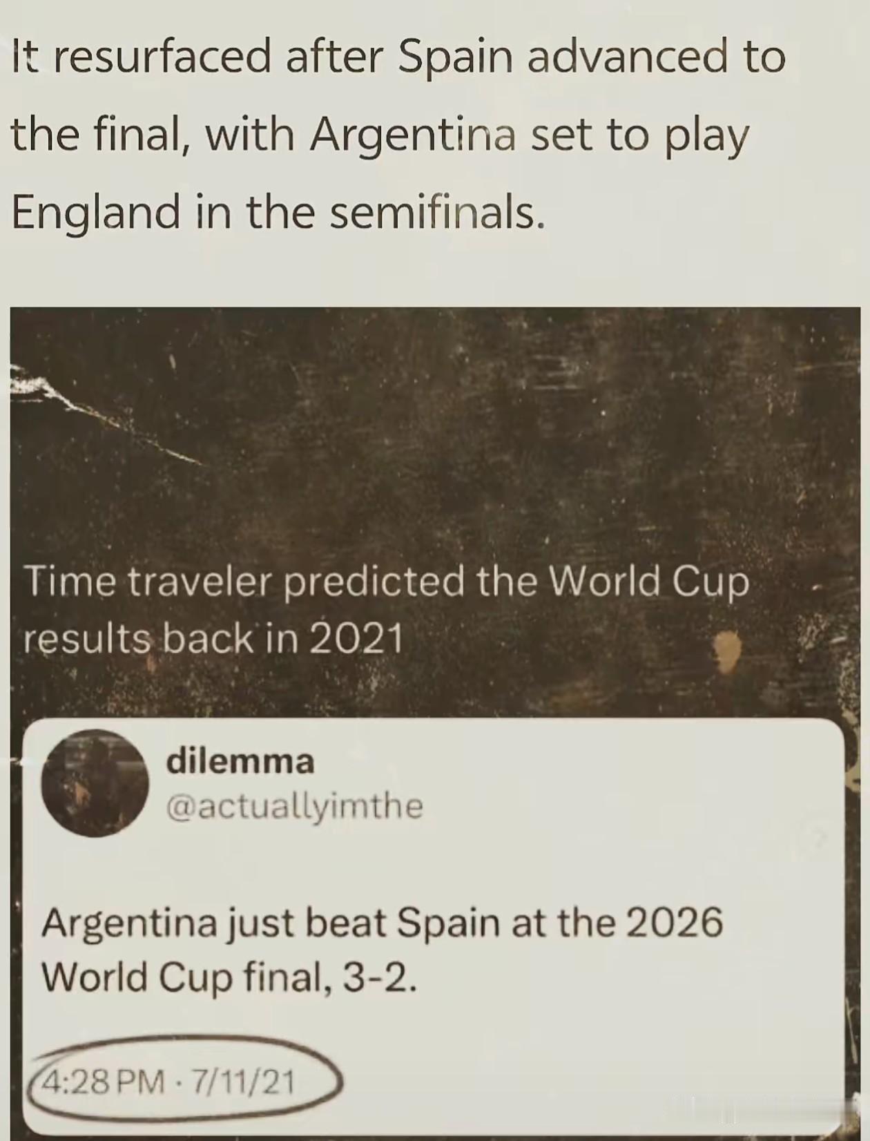 2021年一位dilemma的网友预测了2026年世界杯阿根廷vs西班牙的决赛比