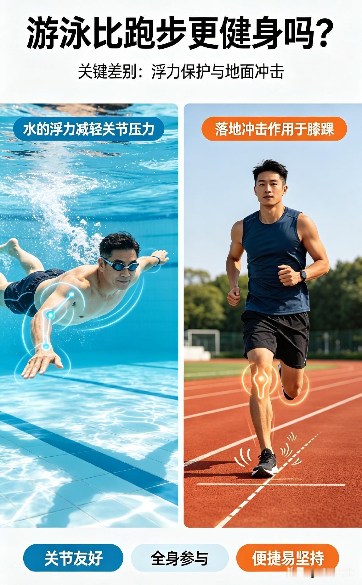 你问我答为什么游泳和跑步相比，对人体的健身更好呢？