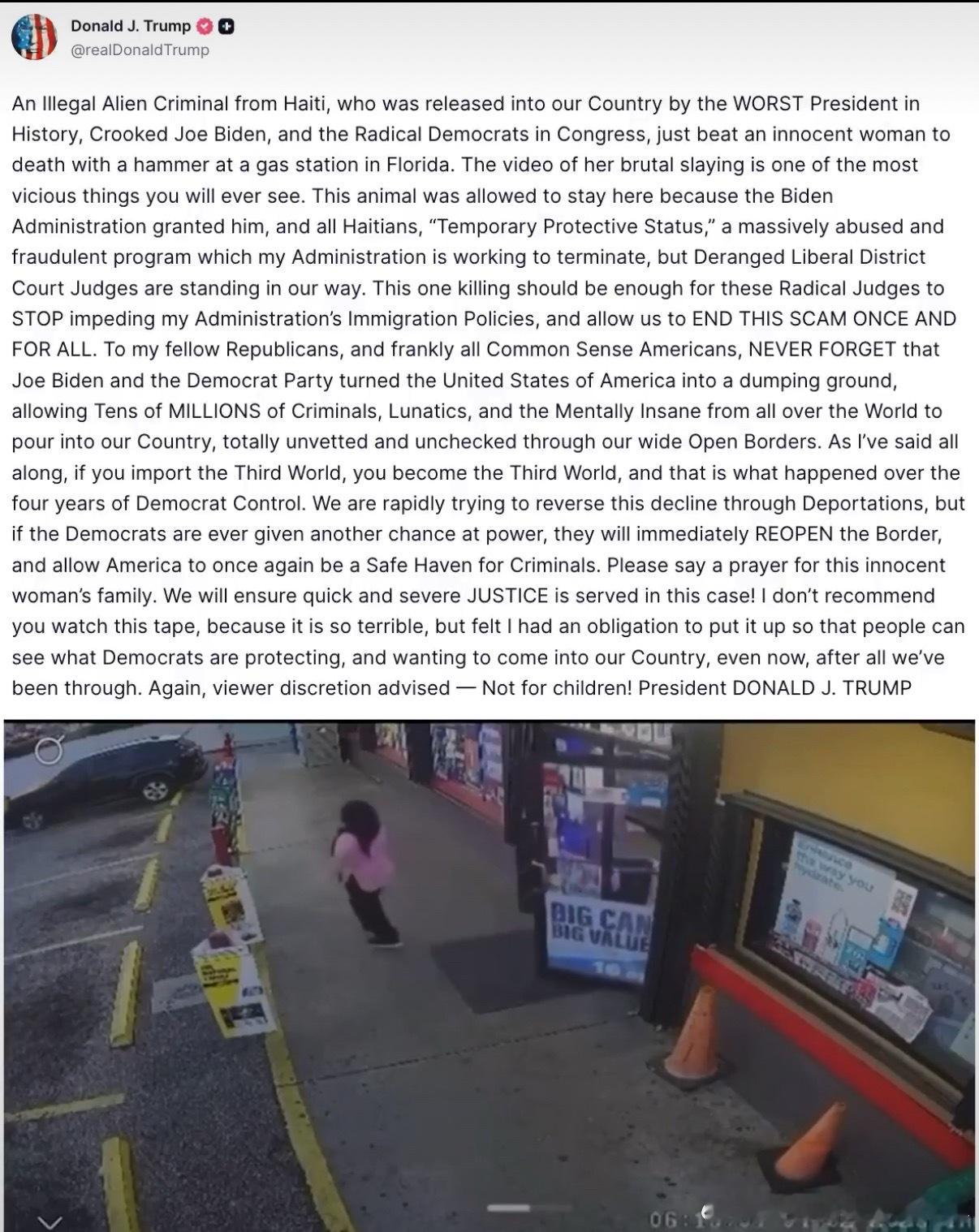 【黄金时代】川普对海地非法移民罪犯，在佛罗里达加油站用锤子打死一名无辜女性表示震