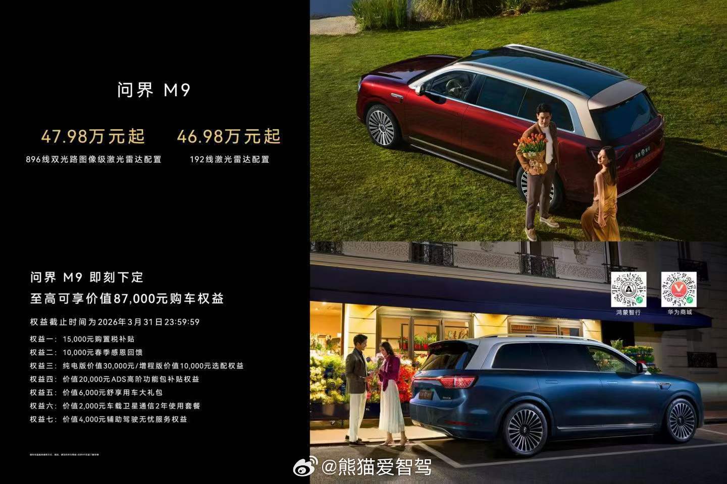问界M9 896线激光雷达版本47.98万元，192线激光雷达版本46.98万元