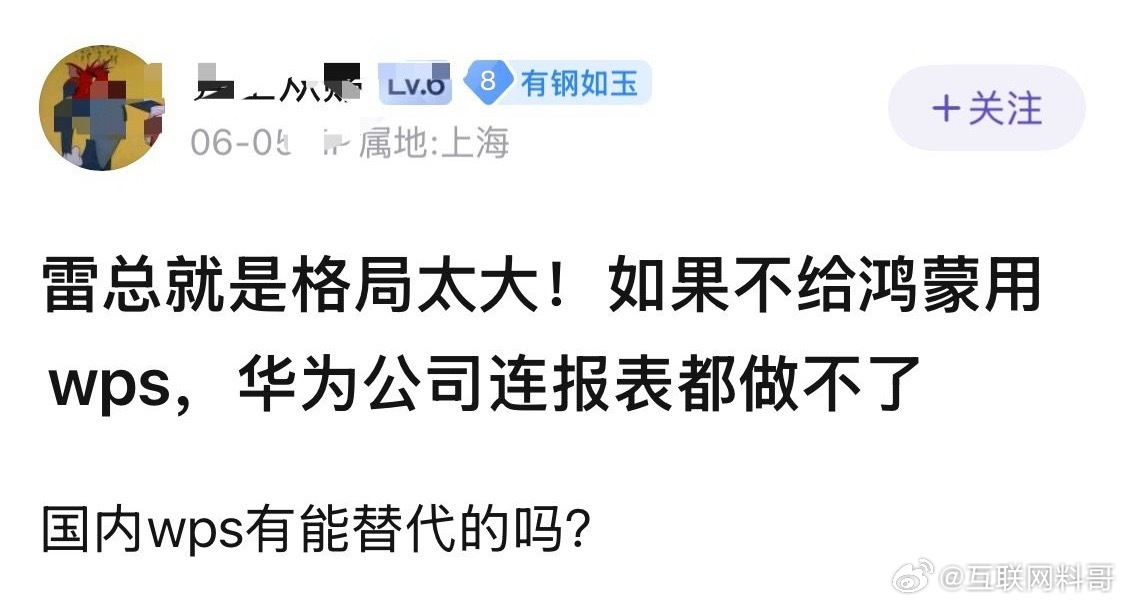 雷总格局就是太大，如果不给鸿蒙WPS，华为公司连报表都做不了。。。 ​​​
