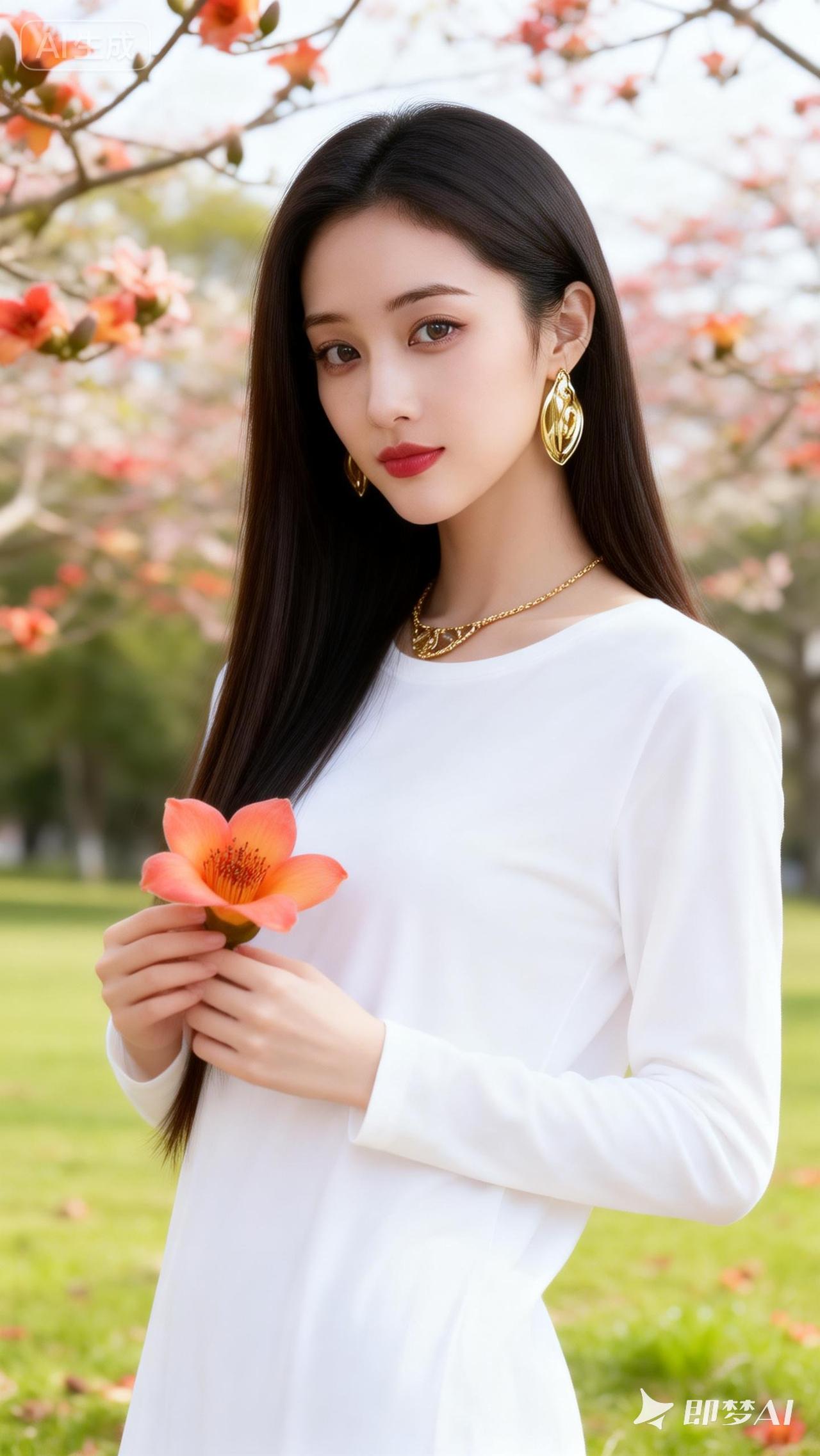 樱花树下，温柔少女手捧花束，春日气息扑面而来。