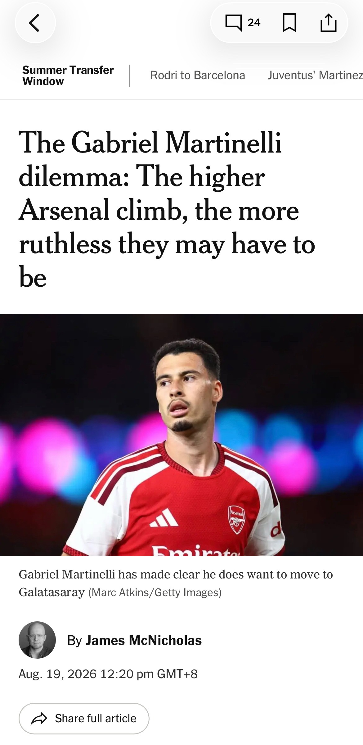 The Athletic James McNicholas：马丁内利的困境：阿森