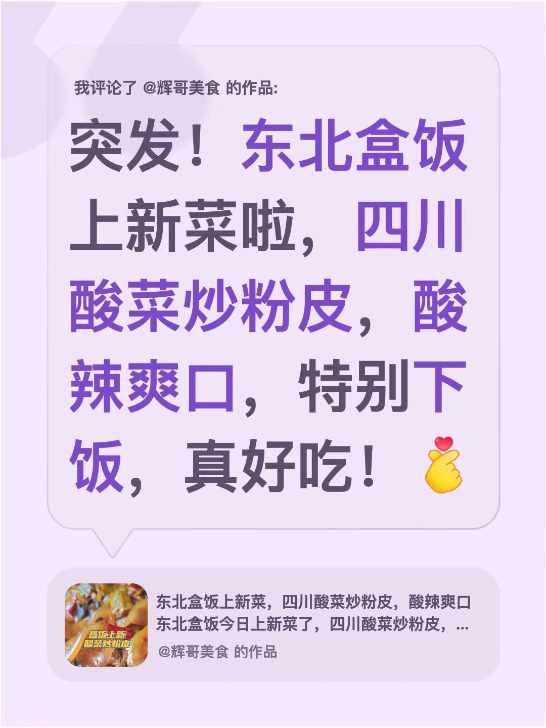 我评论了@辉哥美食 的作品：突发！东北盒饭上新菜啦，四川酸菜炒粉皮，酸辣爽口，特