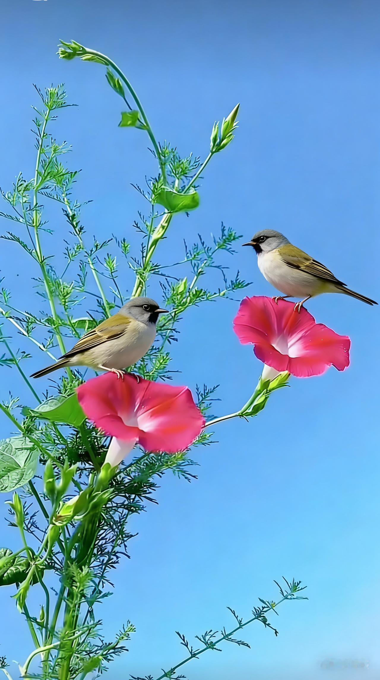 牵牛双鸟图
碧空湛湛薄如纱，
灼灼牵牛绽两葩。
翠叶柔枝风里荡，
双禽轻落语喳喳