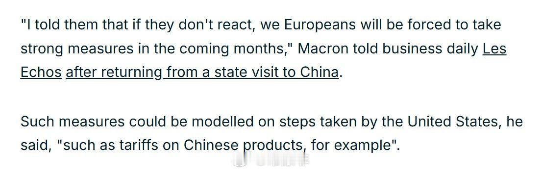 马克龙在结束中国访问后告诉 《回声报》，他在访问期间曾敦促，如果中国不采取行动缩