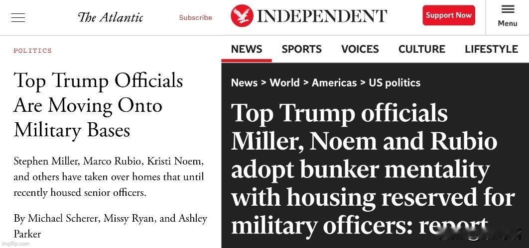 突发：由于“安全威胁”，多名川普政府高层官员已迁往军事基地居住。

据报，包括斯