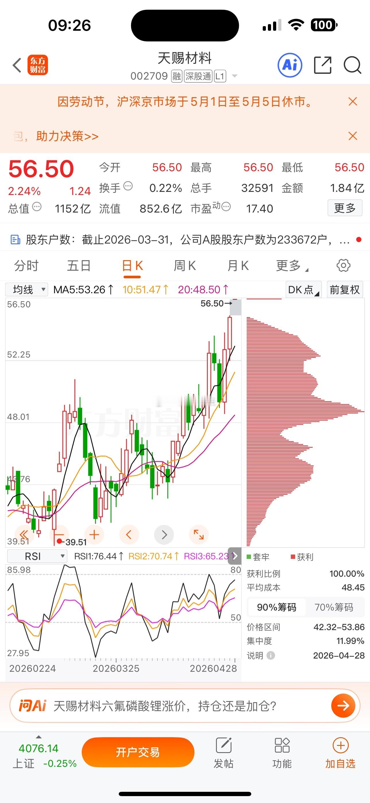 逢低关注：$天赐材料 sz002709$ 