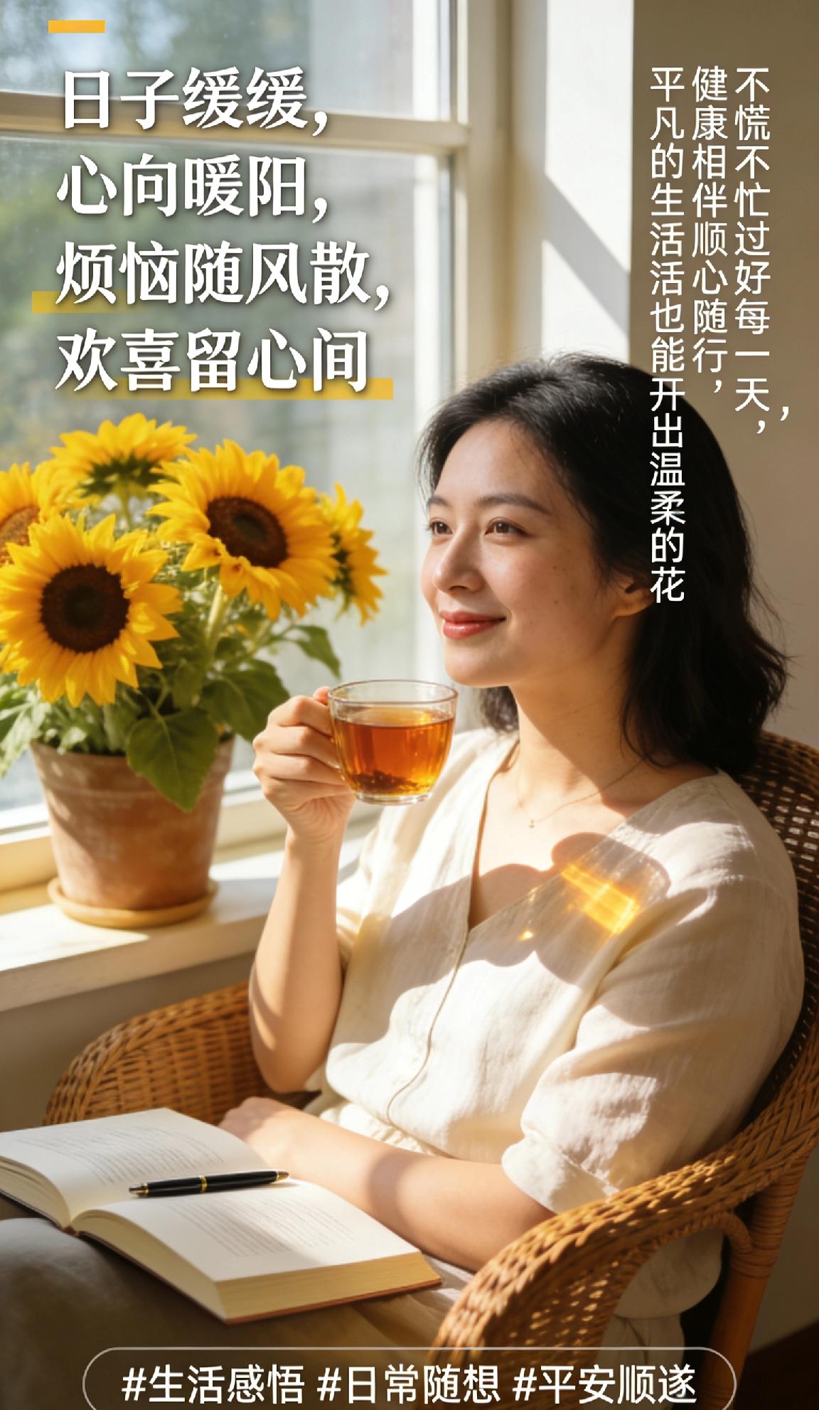 日子缓缓，心向暖阳，烦恼随风散，欢喜留心间。不慌不忙过好每一天，健康相伴，顺心随