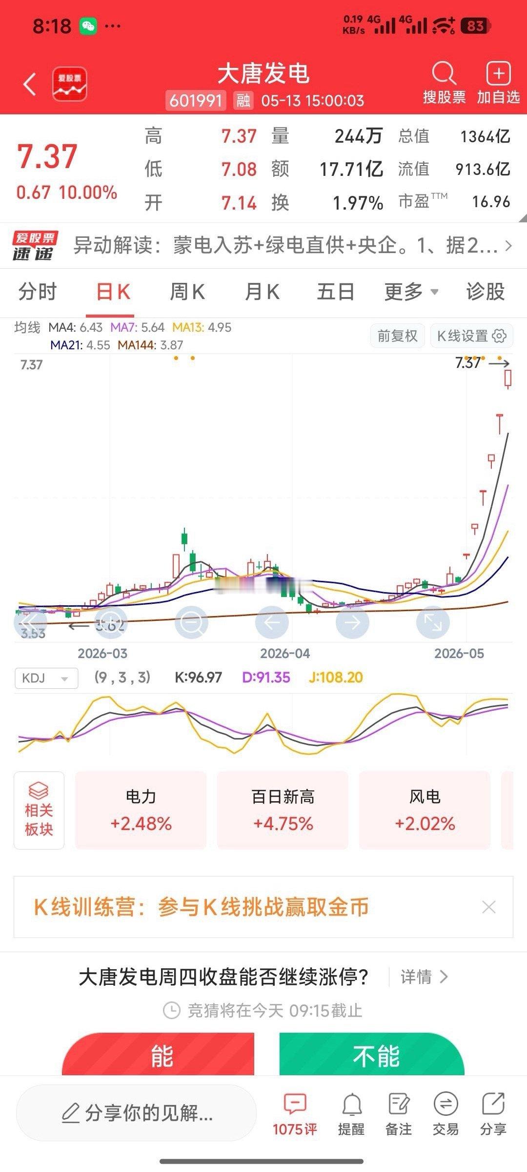 4.98元建仓的大唐发电，你还在吗？昨天7.37元啦 