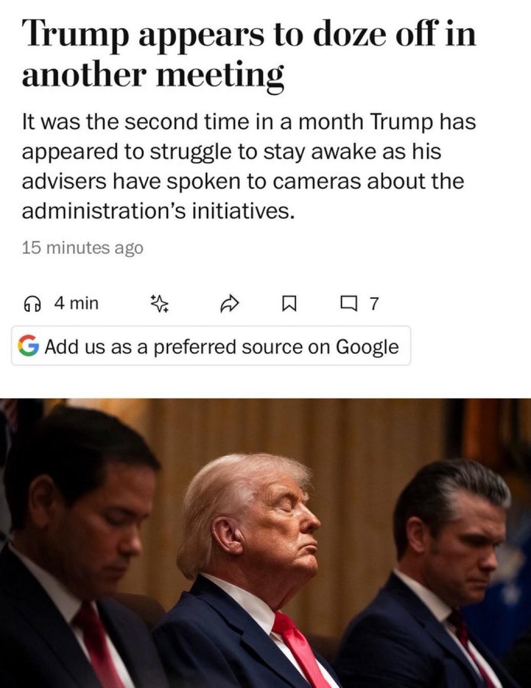 瞌睡唐？

唐纳德.特朗普在内阁会议电视直播中再一次瞌睡，长达6分钟[捂脸]