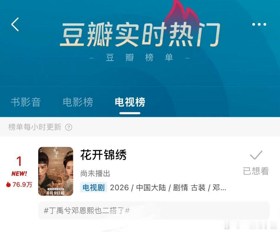 丁禹兮《花开锦绣》还未播，已登上豆瓣电视剧热榜第一！ 