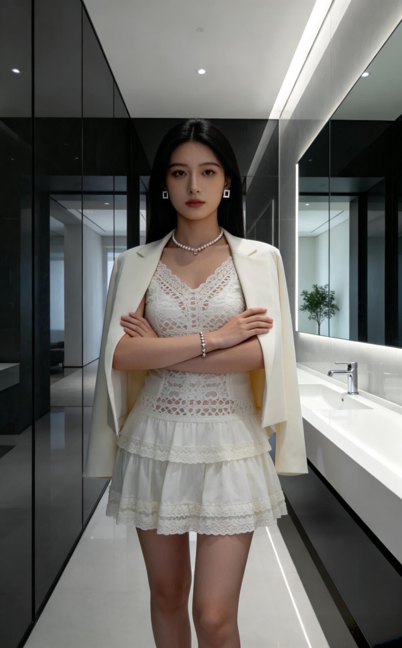 米白色披肩式外套，
内搭白色蕾丝连衣裙，
裙身层叠荷叶边，设计尽显柔美；
气质优