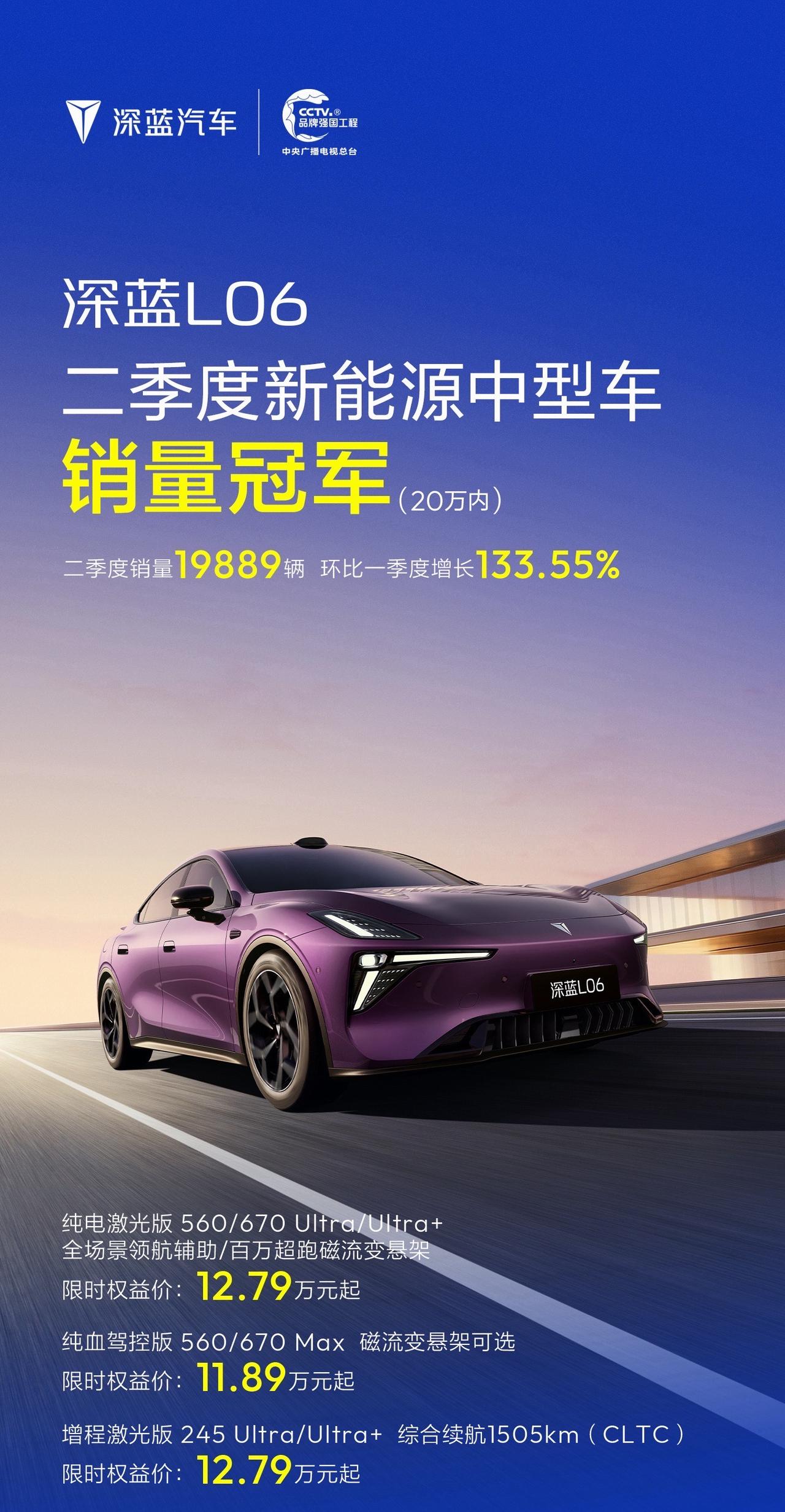 2026年第二季度深蓝 L06累计销量19889辆， 拿下二季度新能源中型车销量