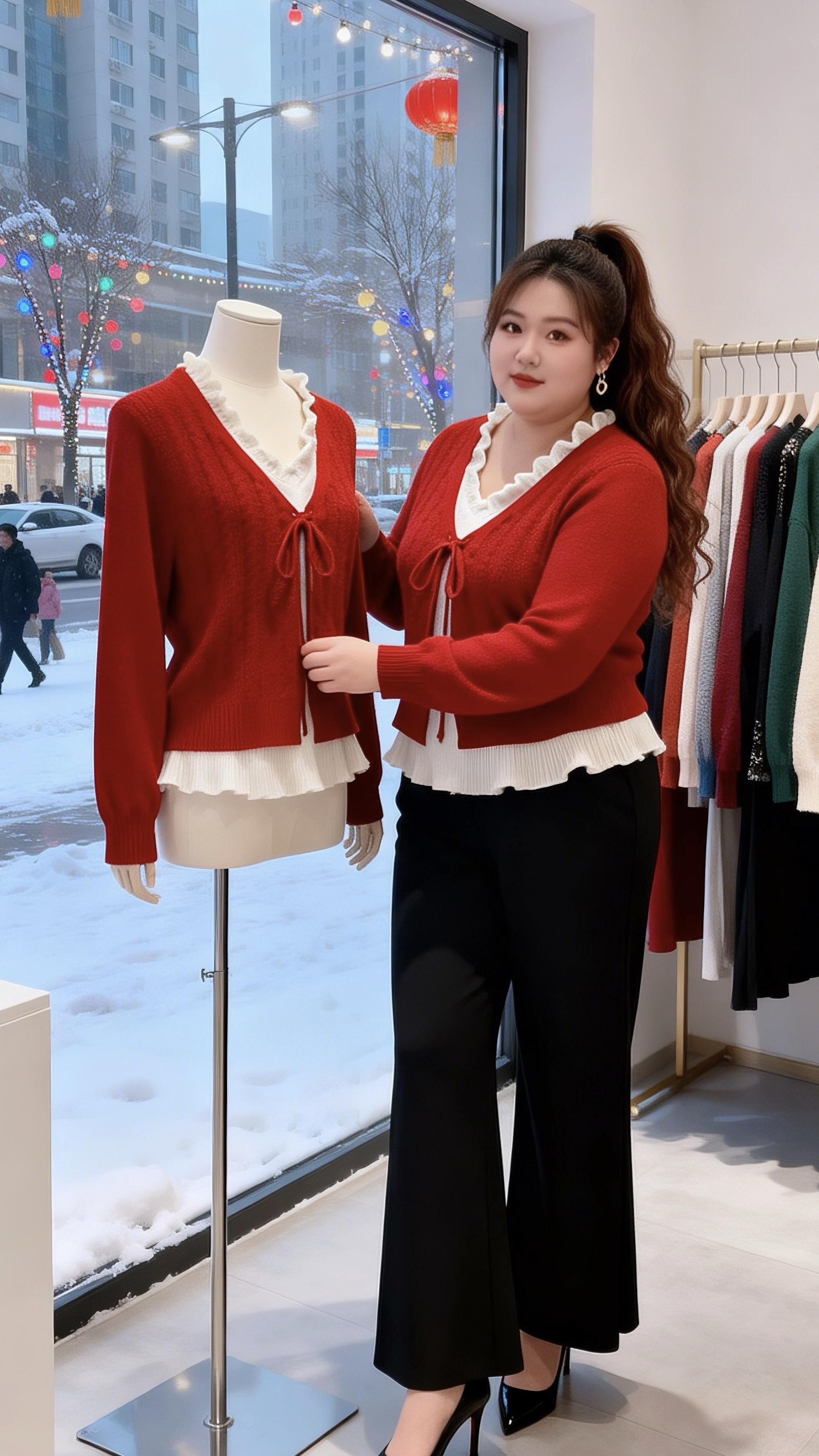 大码穿搭 红色针织衫 冬日穿搭一周不重样年底微胖女生体面穿搭新年好运红我先穿上了