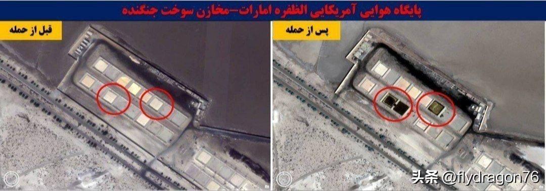 🇮🇷伊朗导弹和无人机袭击阿联酋达夫拉空军基地后的景象。多个机库、油罐和其他设