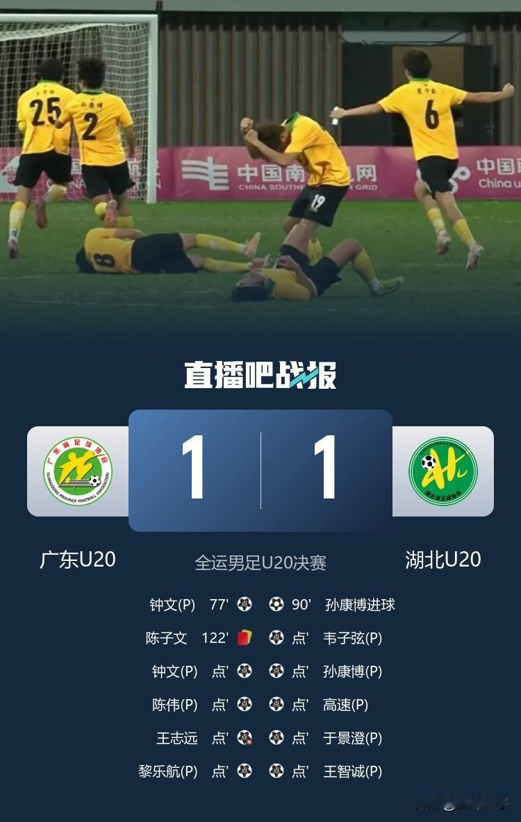 一黑到底！湖北U20击败广东队拿到全运会冠军。
虽然这场比赛广东队占据绝对优势，