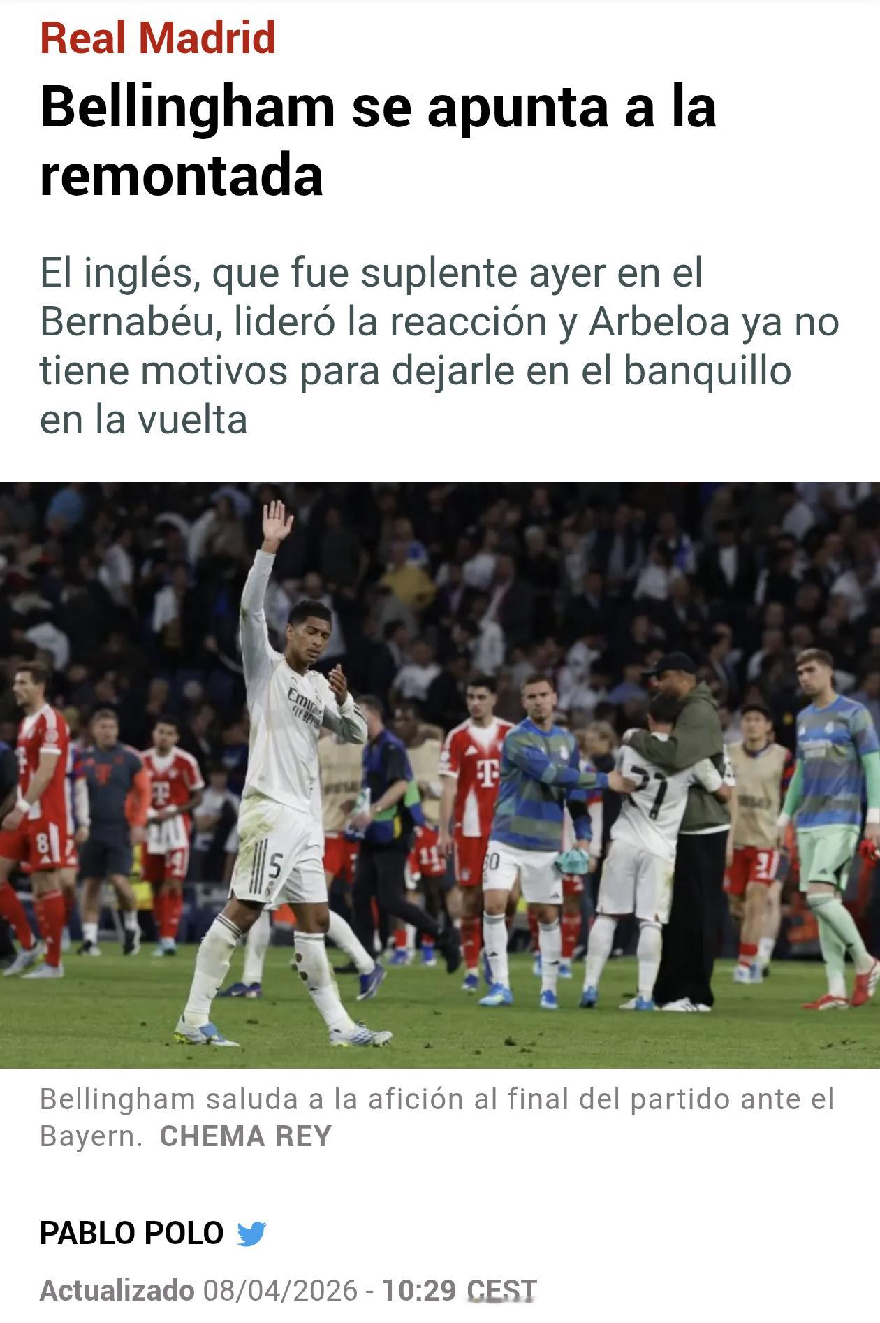 马卡：贝林厄姆加入逆转行列贝林厄姆昨晚在伯纳乌最终并未回归首发，而是坐在了替补席