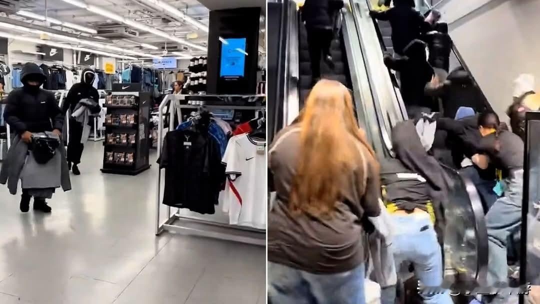 九名蒙面青年肆无忌惮，闯入英国伦敦一家运动用品店，疯狂扫走货架上的商品。多名年轻